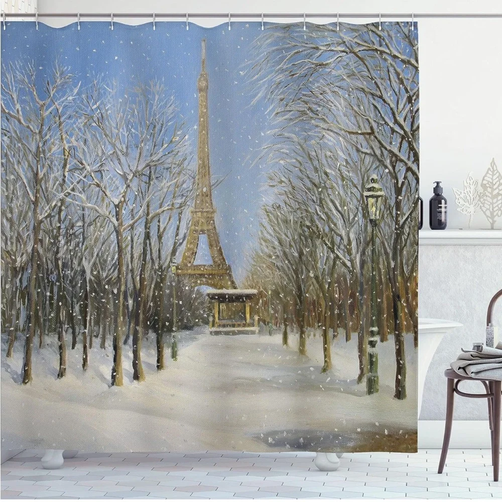 Country Shower Curtain, Winter Scene Eiffel Decor Set with Hooks, 69